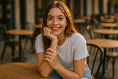 将首饰佩戴在一个欧美20岁的instagram风格博主的手上，生成一张，适合日常休闲-坐在户外咖啡厅，有阳光，面带微笑，佩戴图片金色的戒指，身穿白色t- shirt与简单的浅蓝色牛仔裤，