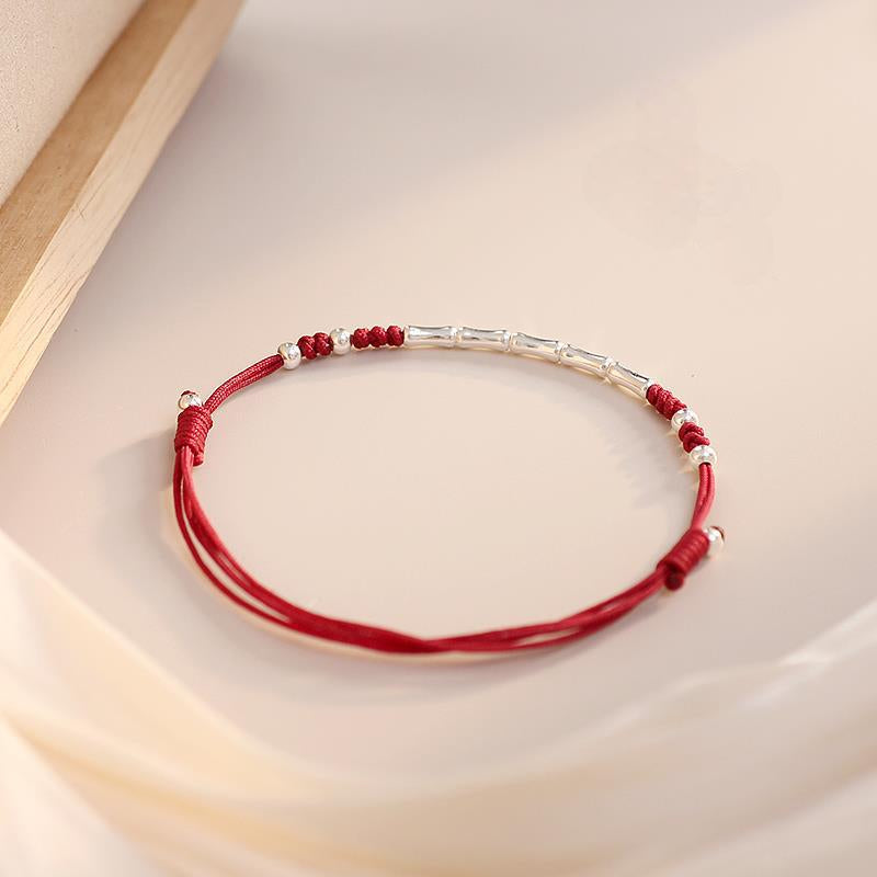 Sterling Silver Bamboo Knot Red String Adjustable Bracelet/Anklet