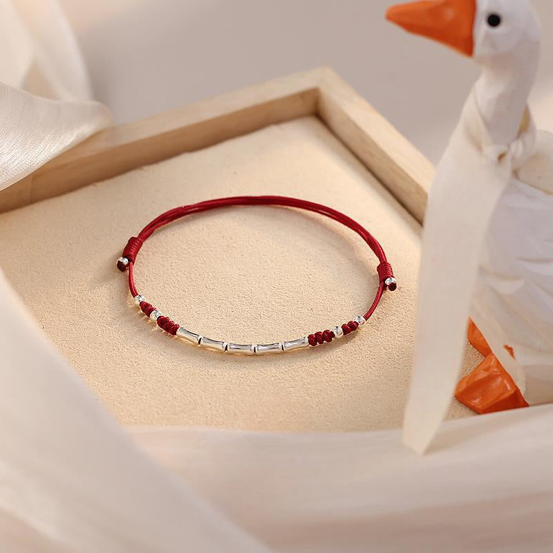 Sterling Silver Bamboo Knot Red String Adjustable Bracelet/Anklet