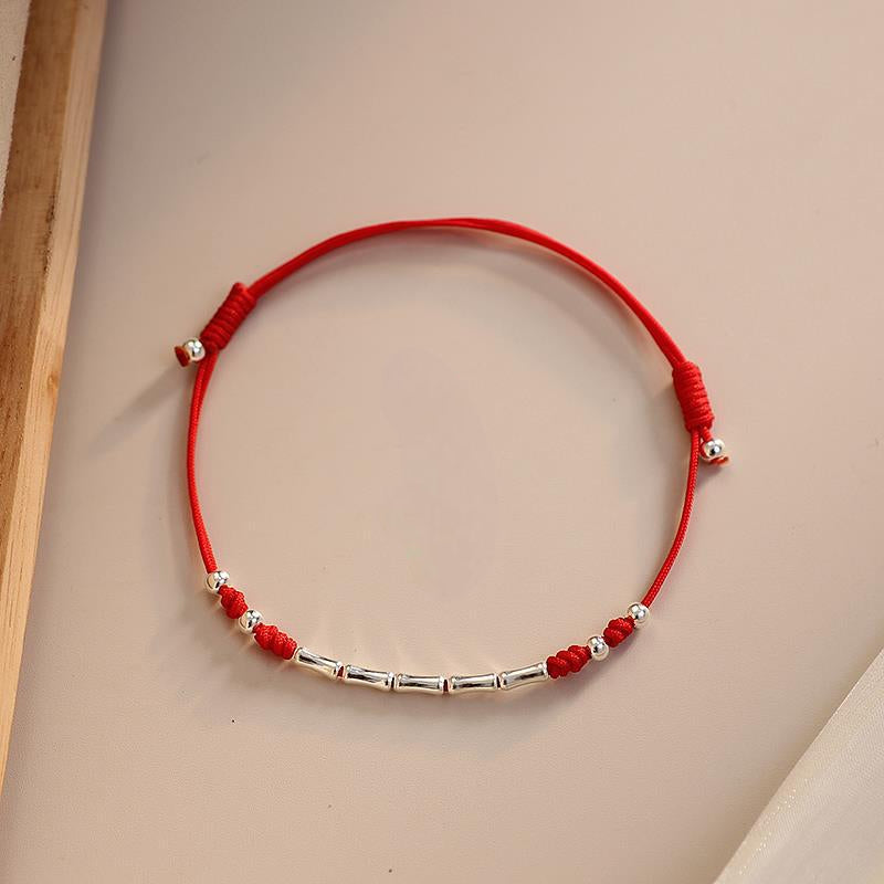 Sterling Silver Bamboo Knot Red String Adjustable Bracelet/Anklet