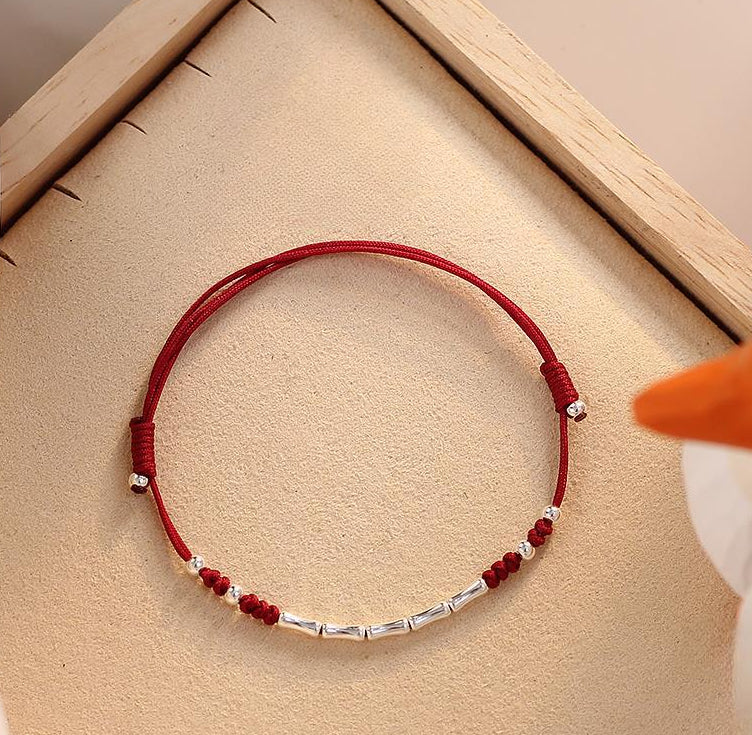 Sterling Silver Bamboo Knot Red String Adjustable Bracelet/Anklet